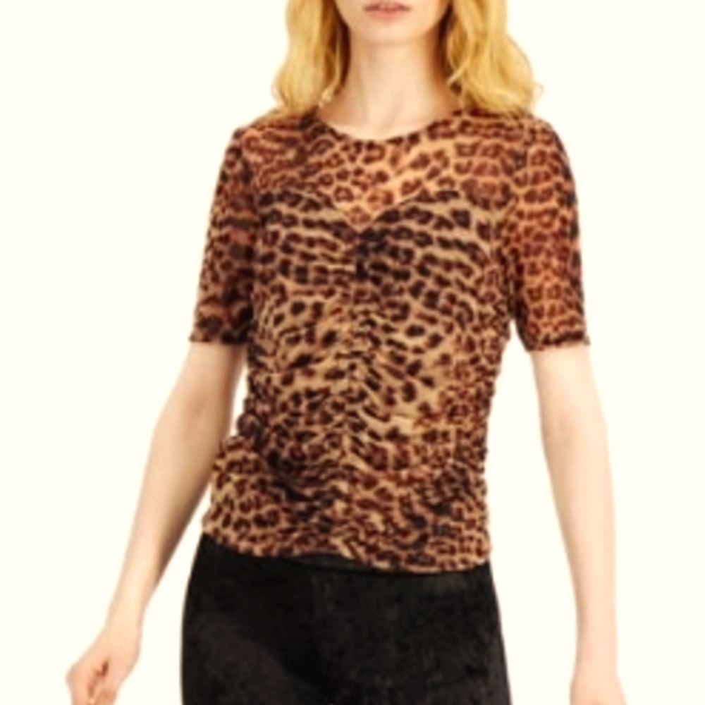 NWOT INC Leopard Ruched Front Mesh Top